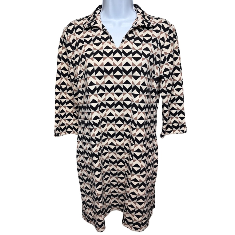 J. MCLAUGHLIN Womens Black Geometric V-Neck Shift Mini Dress S Preppy Mod Office